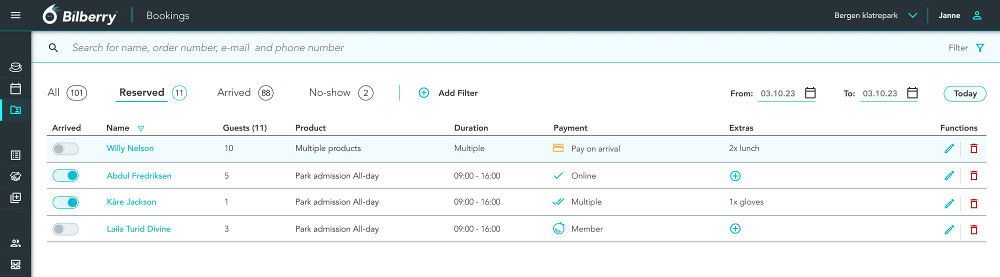 Booking - 1 - List of bookings