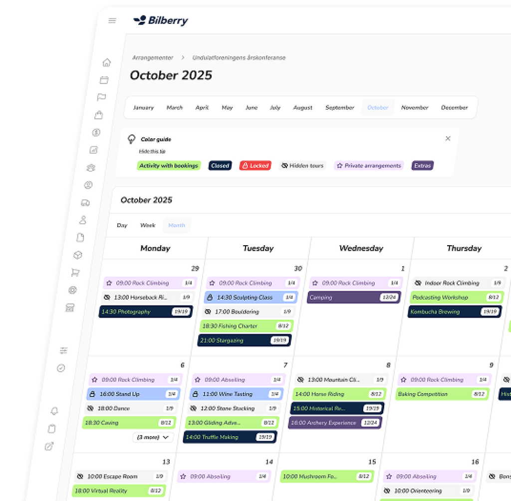 Bilberry bookingsystem dashboard med kalender og bestillingsoversikt.