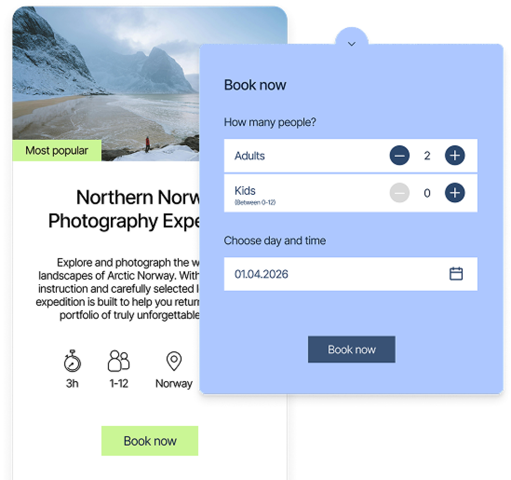 Bilberry booking widget som viser aktiviteter og tilgjengelige tider.
