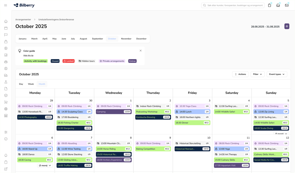 Bilberry kalendervisning med ressursstyring og kapasitetsoversikt.