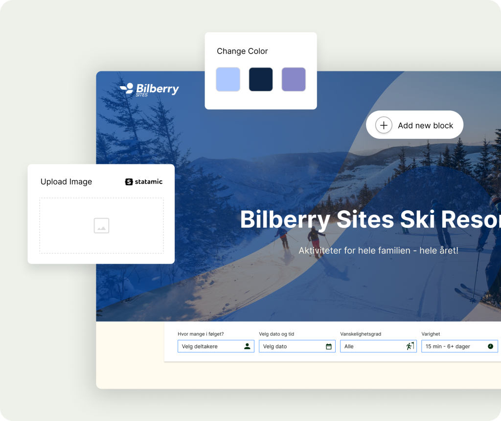Bilberry Sites nettside for aktivitetsbedrifter med integrert booking.